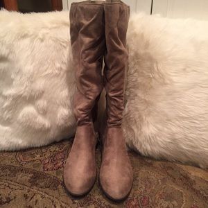 Tall Tan low heeled suede boots
